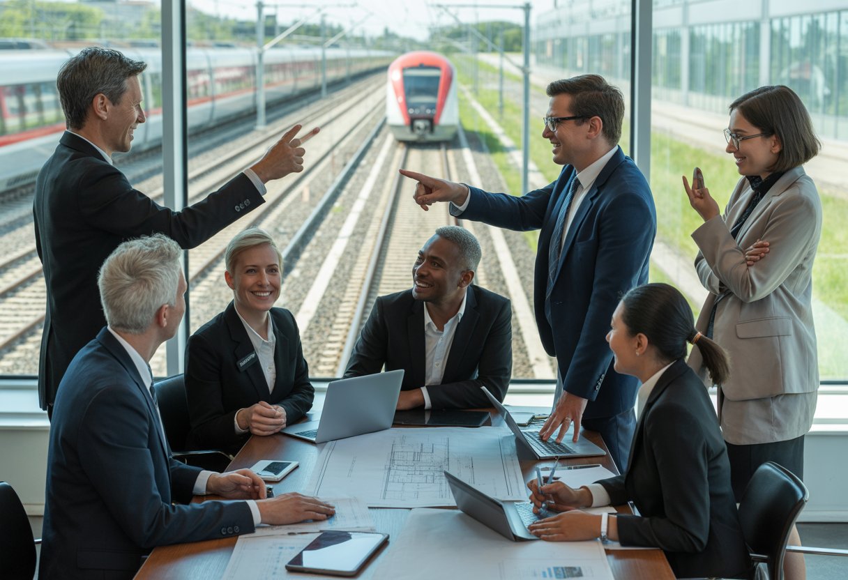 A group of diverse business professionals discussing plans around a table with railway tracks and a high-speed train visible through a large window behind them.