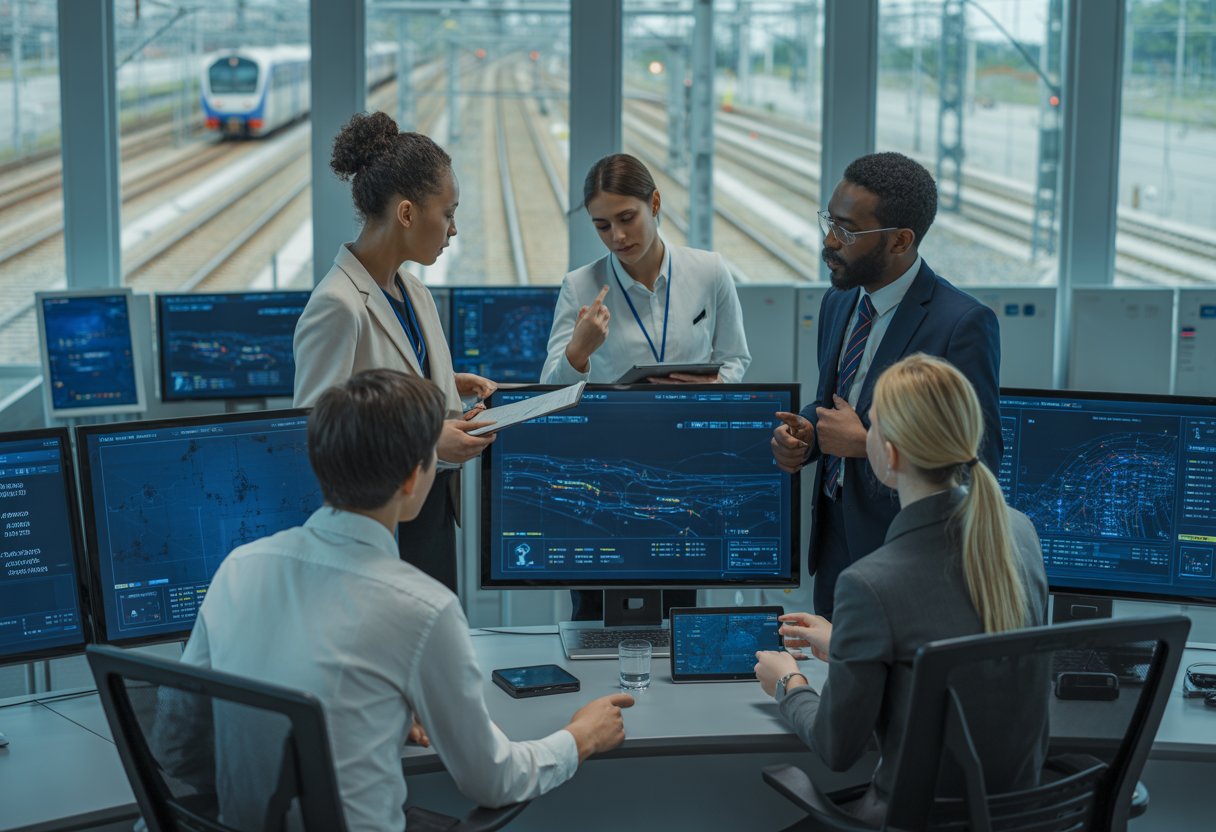 A group of young professionals collaborating in a rail infrastructure control centre with digital screens and rail equipment visible outside.
