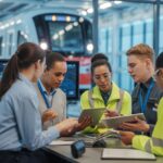 A diverse group of young rail professionals collaborating in a modern control centre with rail network screens and a train visible outside.