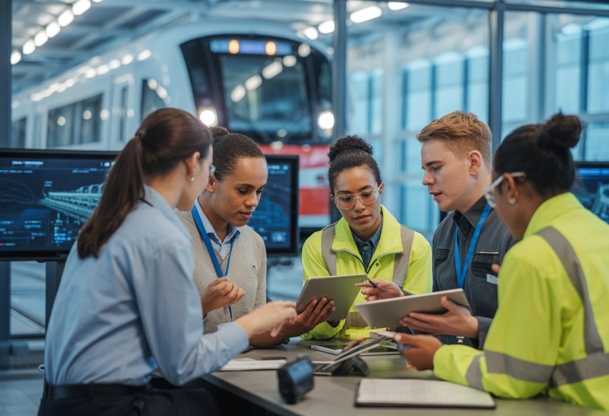 A diverse group of young rail professionals collaborating in a modern control centre with rail network screens and a train visible outside.