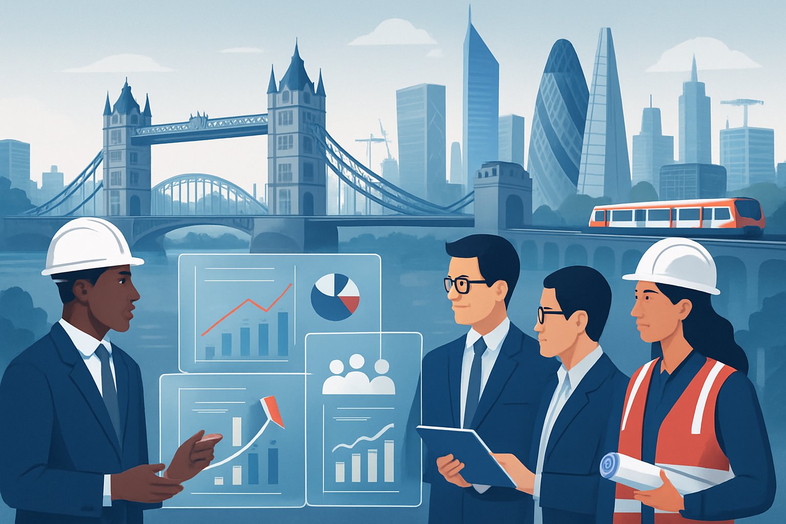 A group of diverse professionals working together with digital charts in front of a UK cityscape featuring bridges and railways.