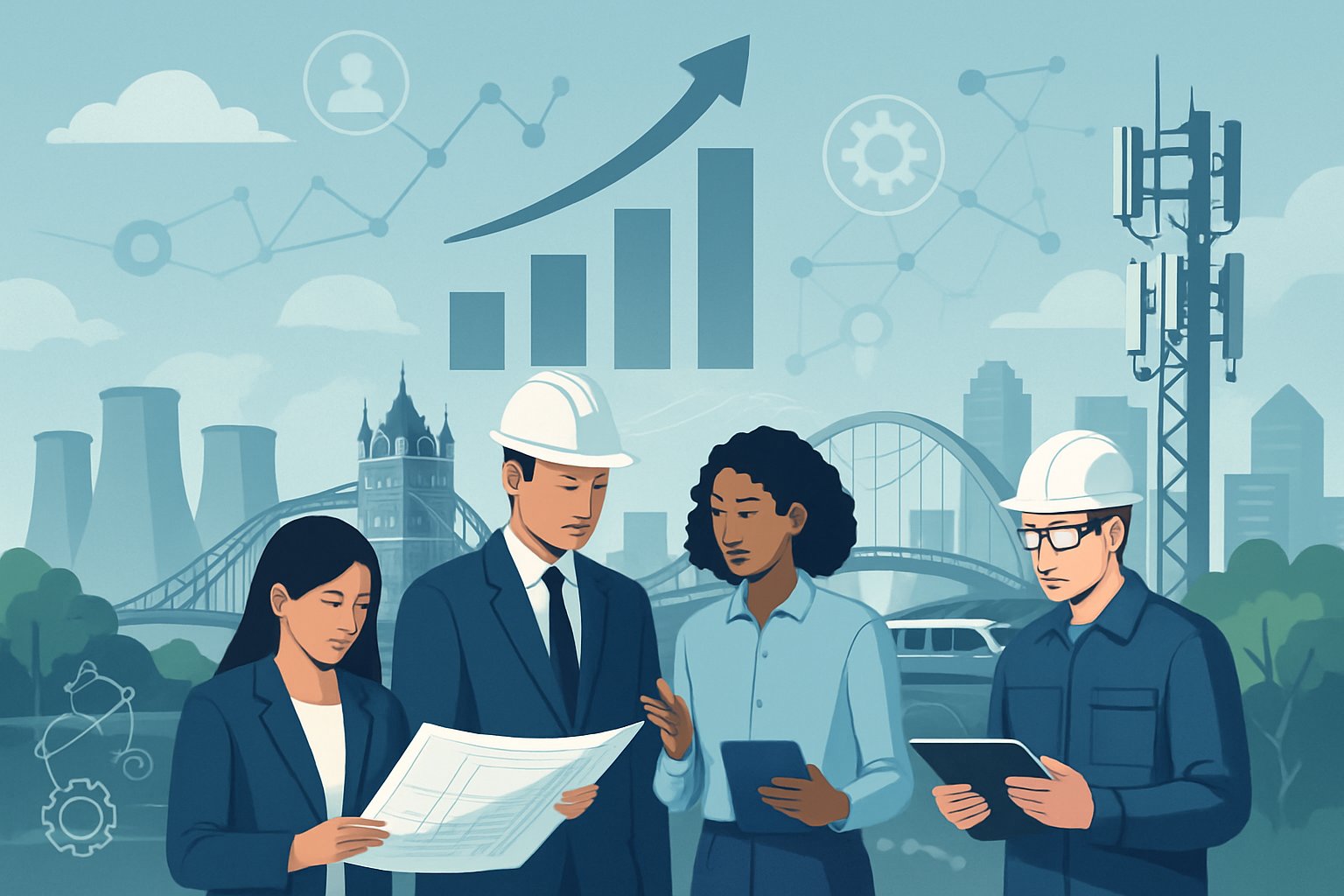 A cityscape showing UK infrastructure with diverse professionals working together, surrounded by symbols of growth and technology.