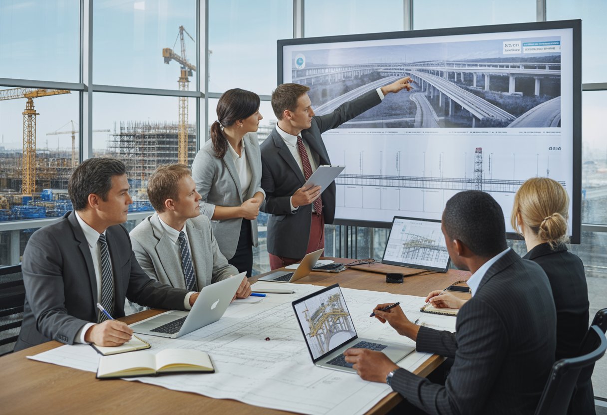 A group of project managers working together around a table with blueprints and digital screens showing infrastructure plans in a modern office with a cityscape and construction projects visible through large windows.