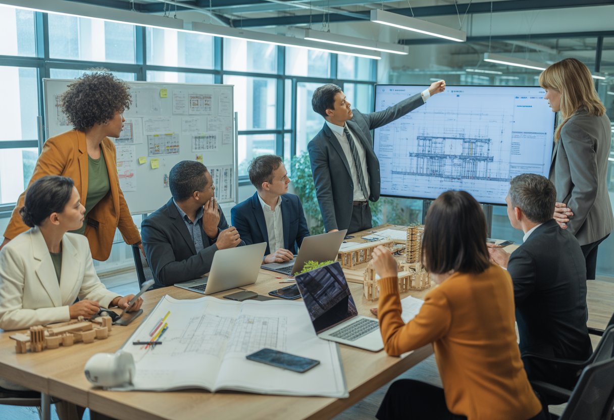 A group of professionals collaborating around a conference table with digital screens and blueprints, discussing infrastructure project plans.
