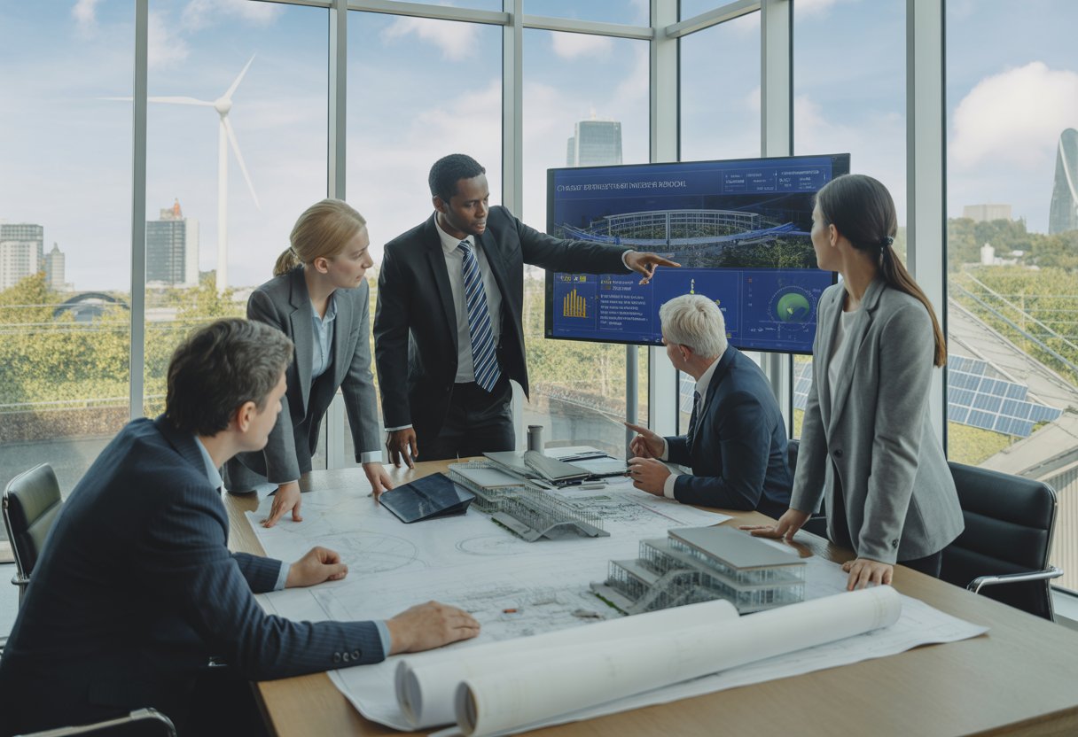 A group of professionals reviewing infrastructure plans in an office with a city skyline featuring sustainable energy elements visible through large windows.