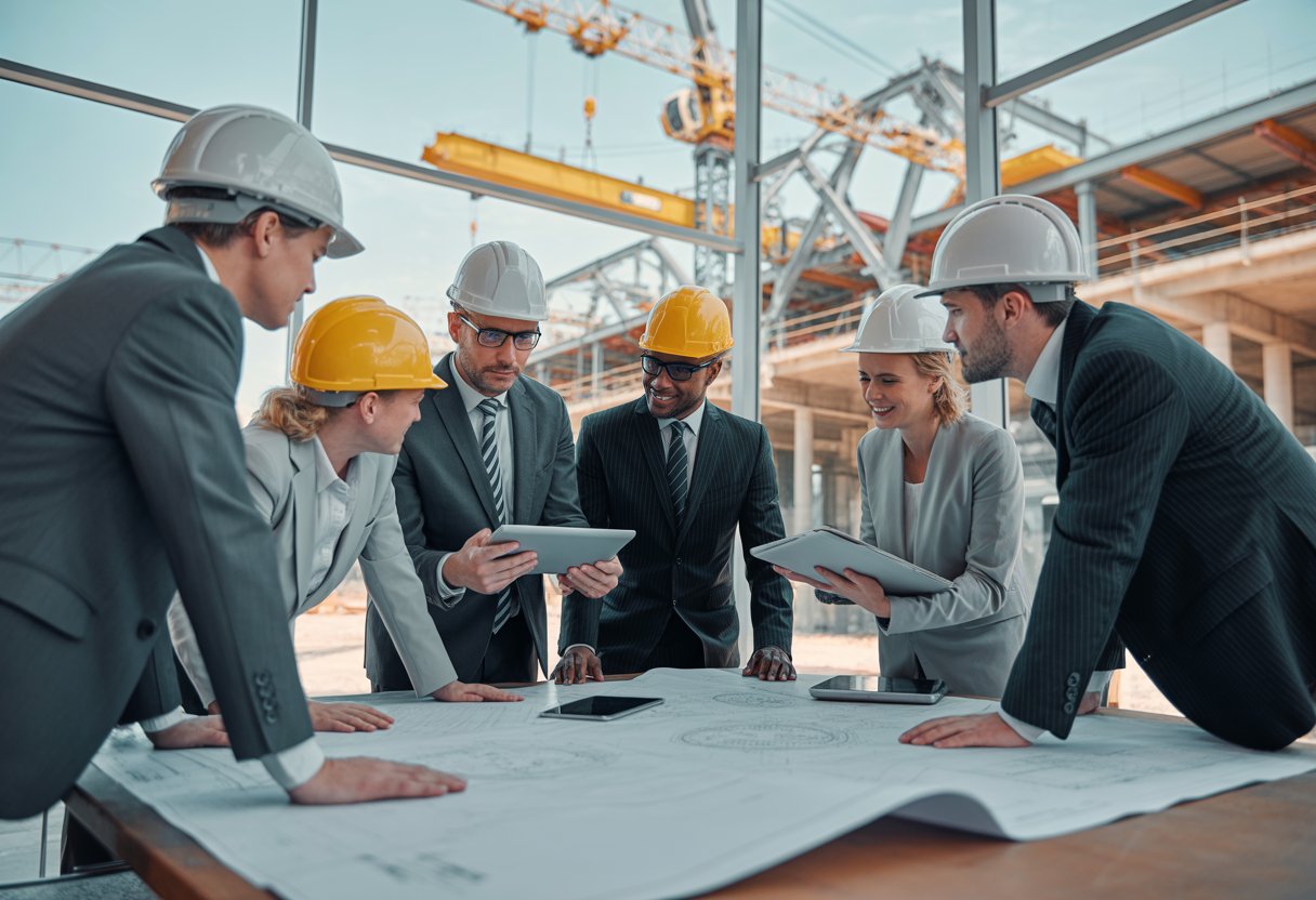 A group of business leaders and engineers discussing plans at a construction site with cranes and machinery in the background.