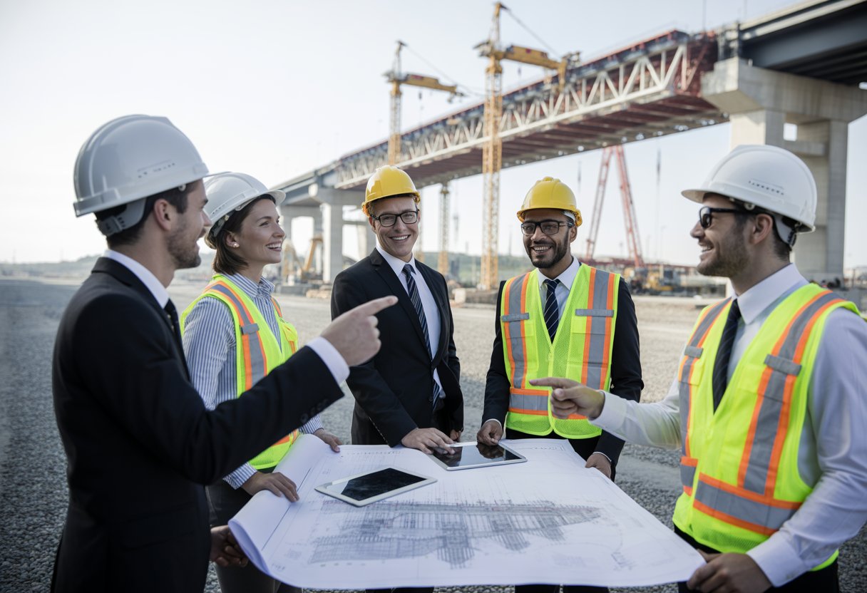 A diverse group of business leaders and engineers discussing plans at a large bridge construction site with cranes and machinery in the background.