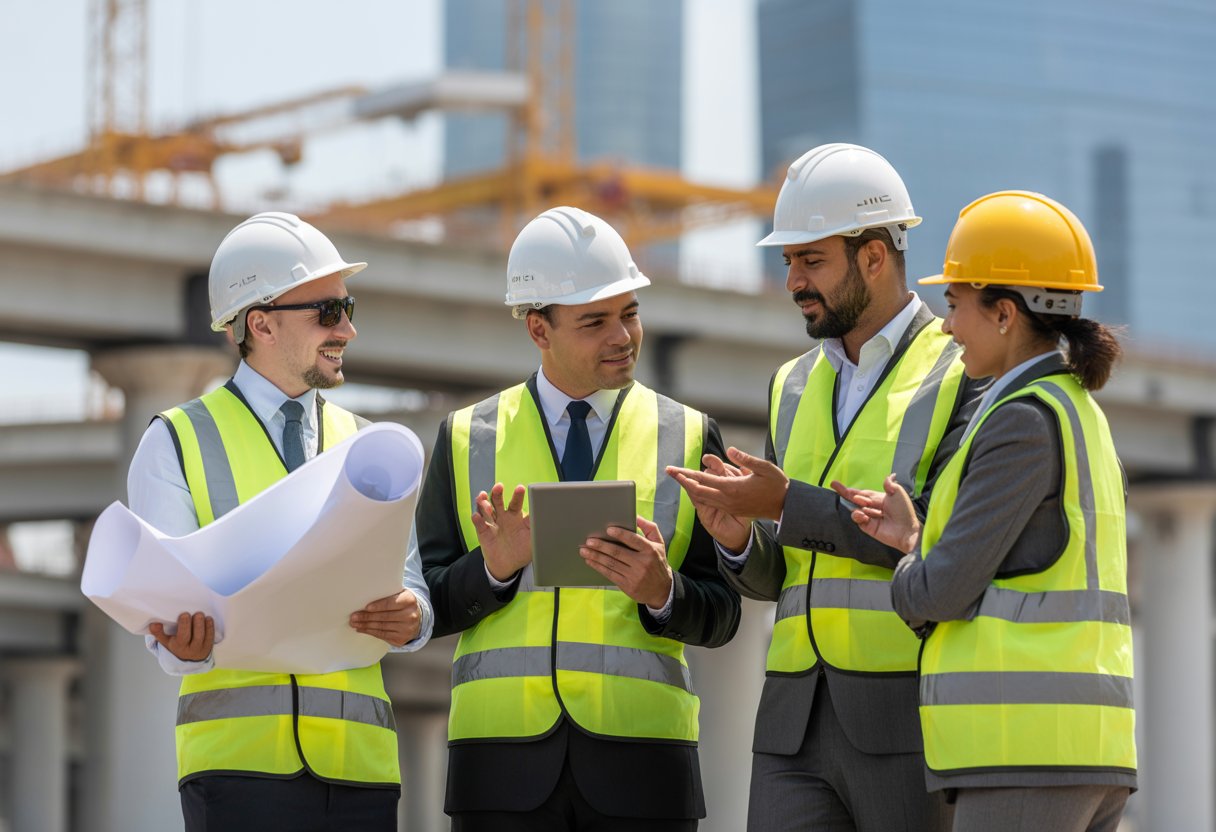 A group of business leaders and engineers discussing plans at a large construction site with cranes and bridges in the background.