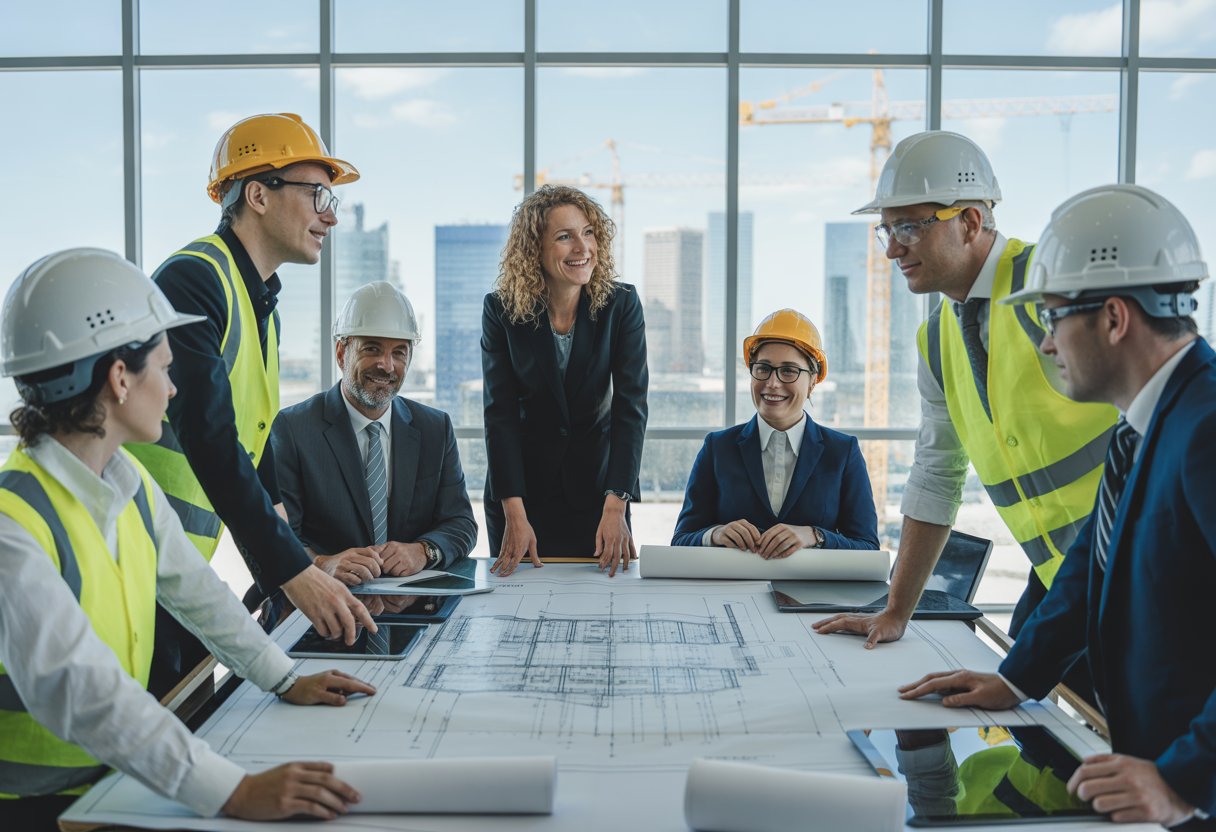 A diverse group of business leaders and engineers discussing infrastructure project plans around a conference table in an office with city skyline and construction cranes visible outside.