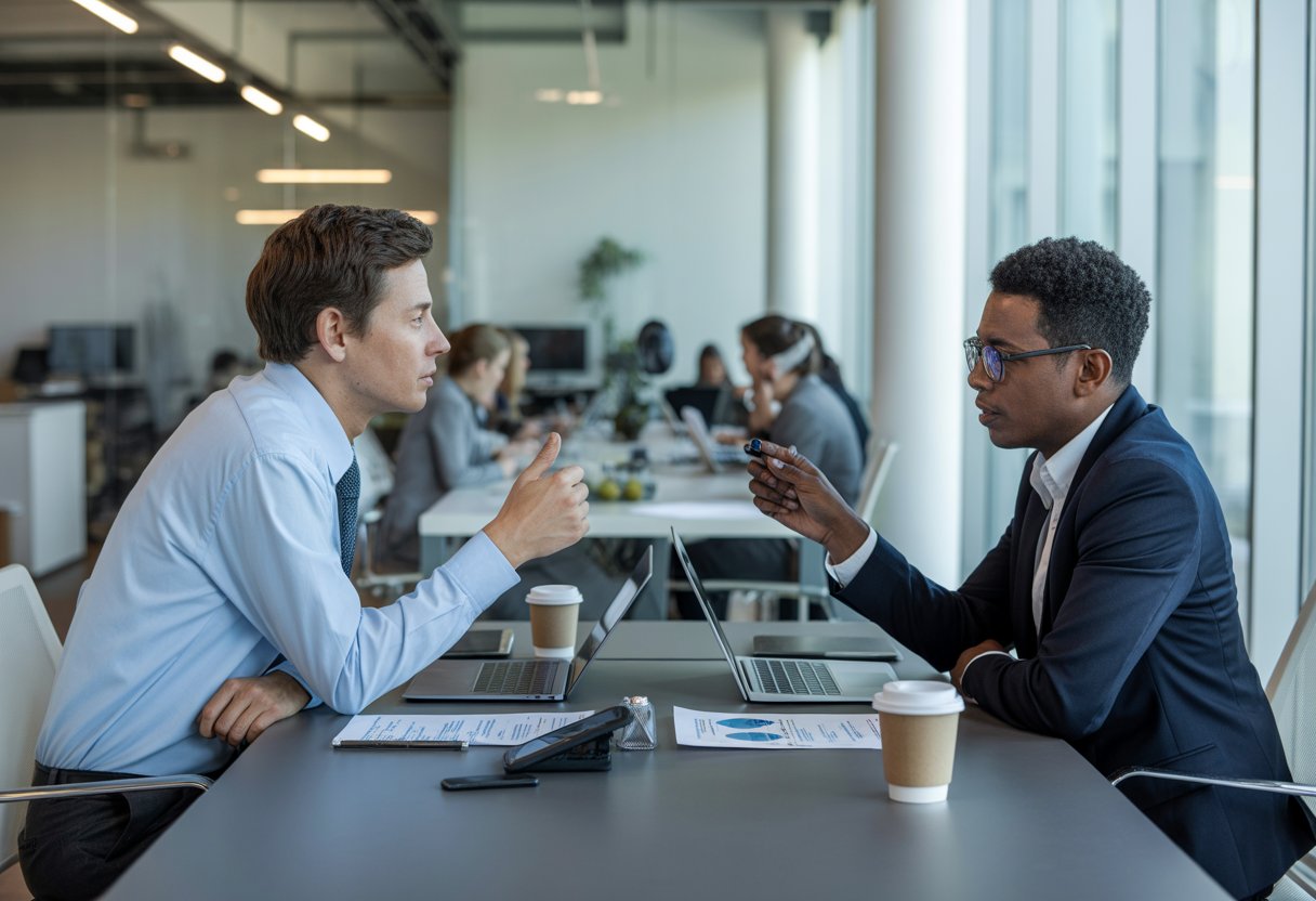 Two professionals talking at a conference table in a modern office with colleagues working in the background.