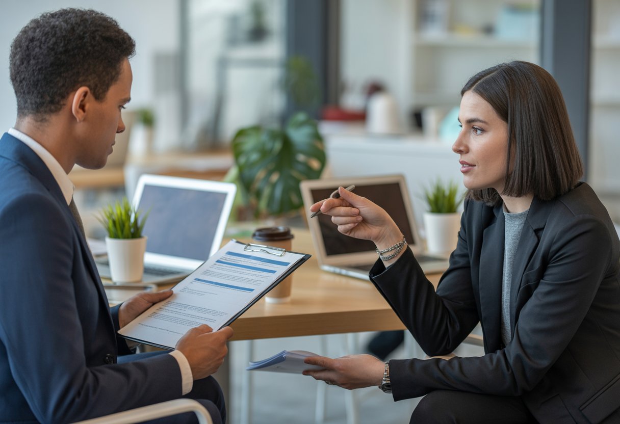 Two business professionals discussing documents in a modern office setting.