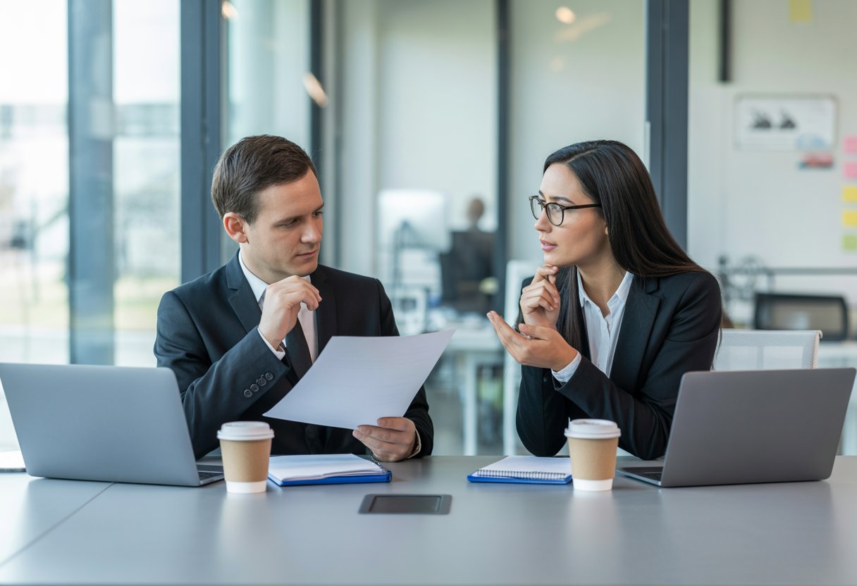 Two business professionals discussing documents at a conference table in a modern office.
