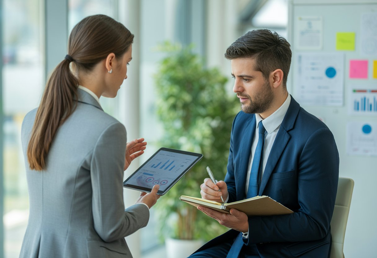 Two business professionals discussing work in a bright office with a tablet, notebook, and whiteboard in the background.