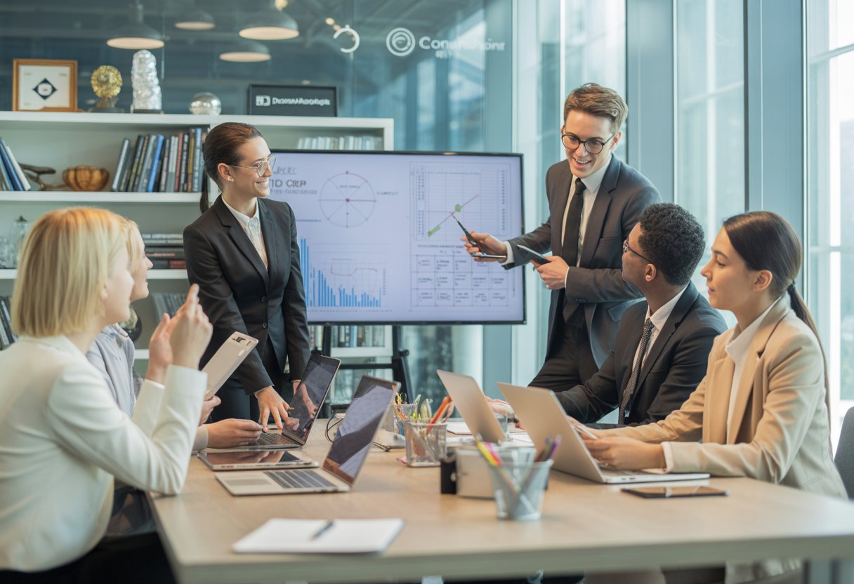 A group of professionals working together around a conference table with brand new laptops and charts in a modern office.