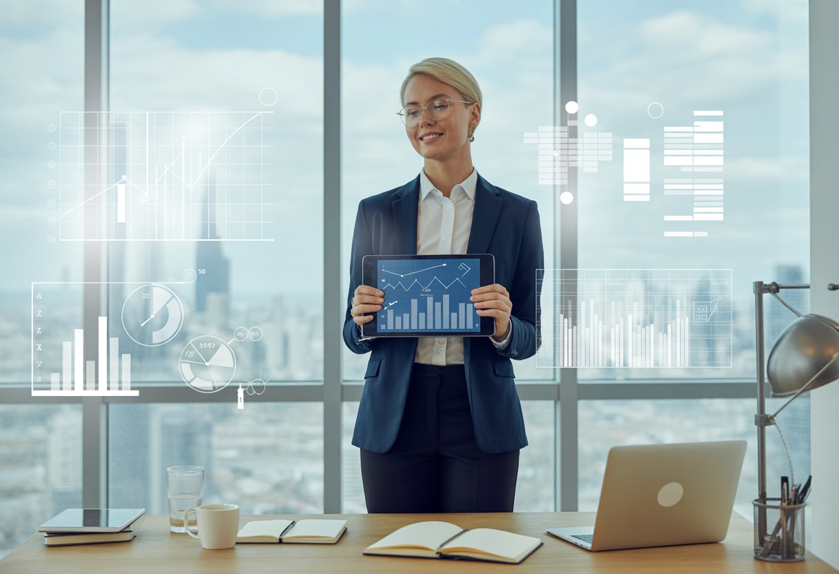 A business professional standing in a modern office holding a tablet with charts, surrounded by digital project planning visuals.