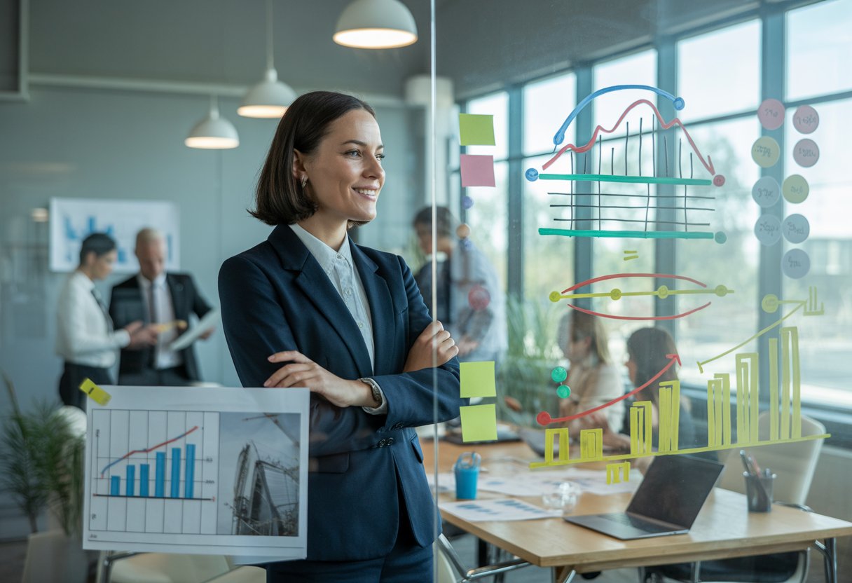 A business professional standing by a glass board with charts and diagrams in a modern office, working on project planning with colleagues in the background. Brand is important to her