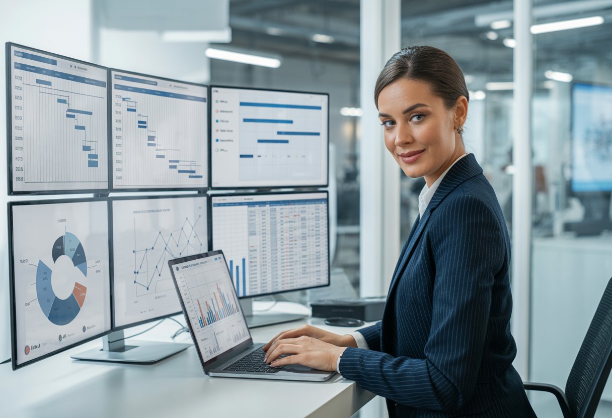 A businesswoman working on a laptop surrounded by digital screens showing project charts and data in a modern office.