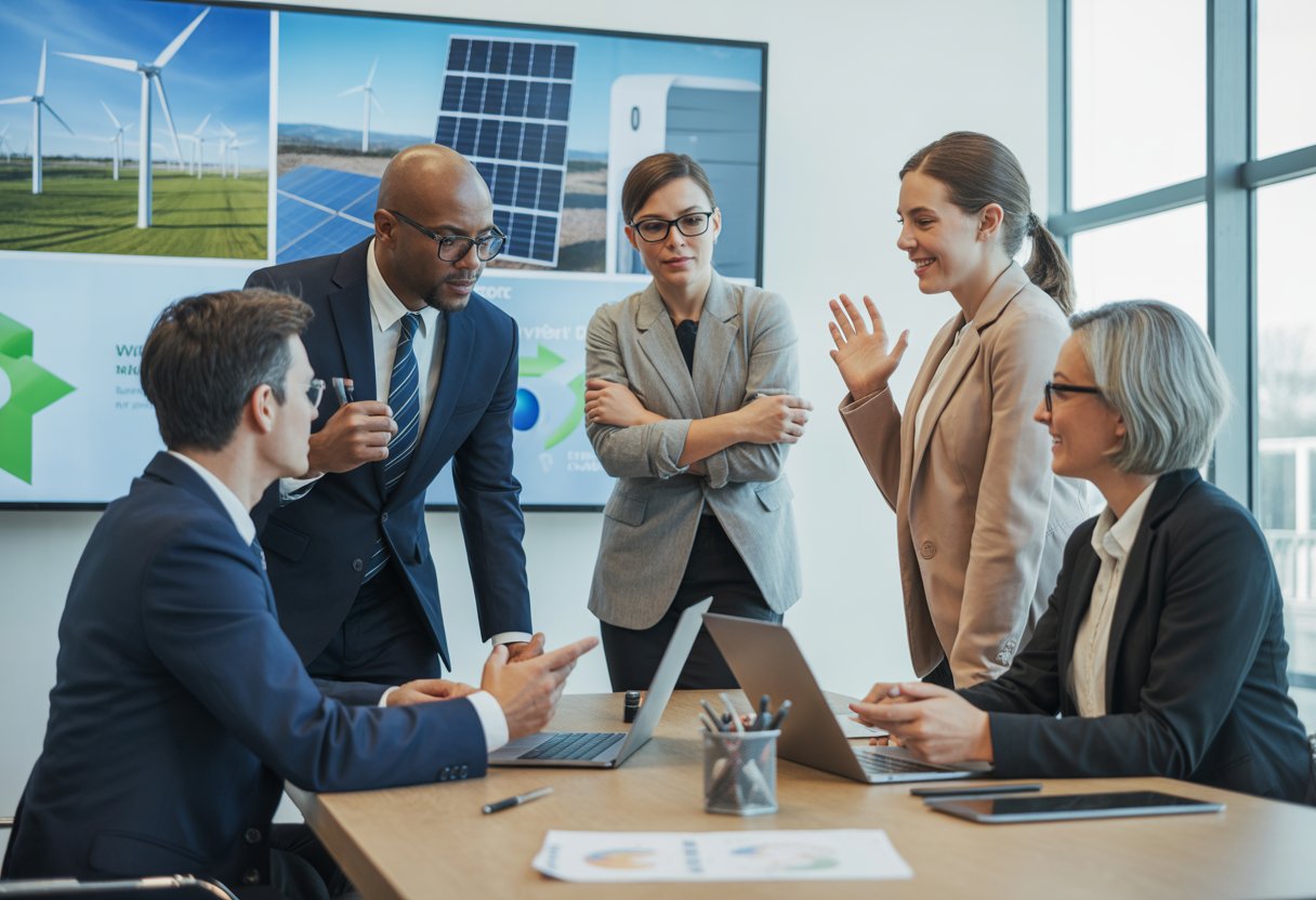 A diverse group of business professionals discussing renewable energy projects around a table with a digital screen showing wind turbines and solar panels.