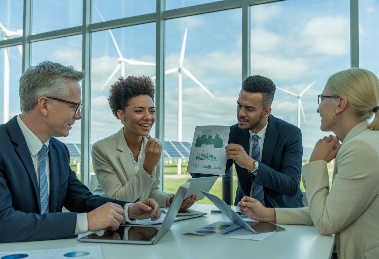 A group of business professionals collaborating in an office with wind turbines and solar panels visible outside the window.