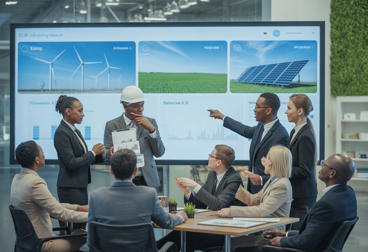 A group of professionals collaborating in an office with digital displays of wind turbines and solar panels, discussing renewable energy projects.