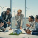 A diverse group of professionals collaborating around a table with renewable energy models and blueprints, with wind turbines visible outside the window.