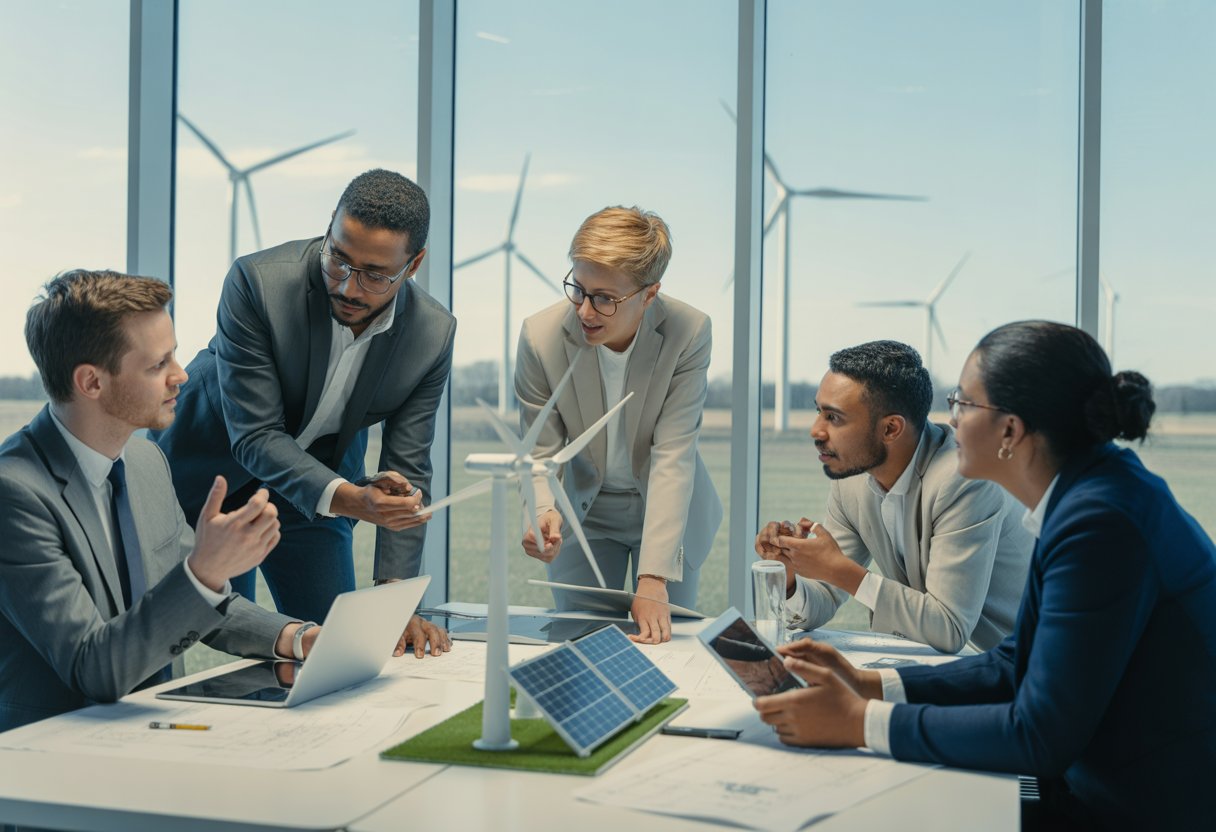 A diverse group of professionals collaborating around a table with renewable energy models and blueprints, with wind turbines visible outside the window.