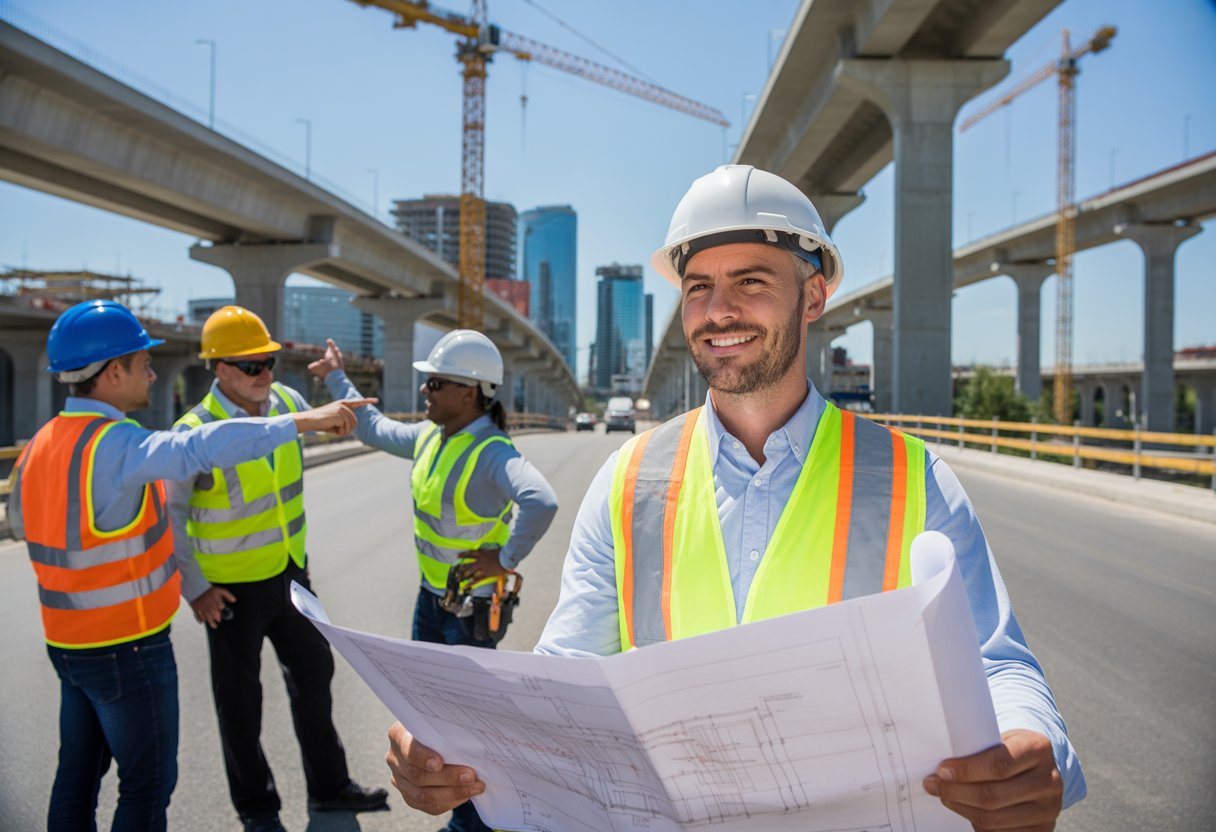 A construction site with bridges, roads, and buildings being built, showing a leader with a hard hat holding blueprints and workers collaborating around them.