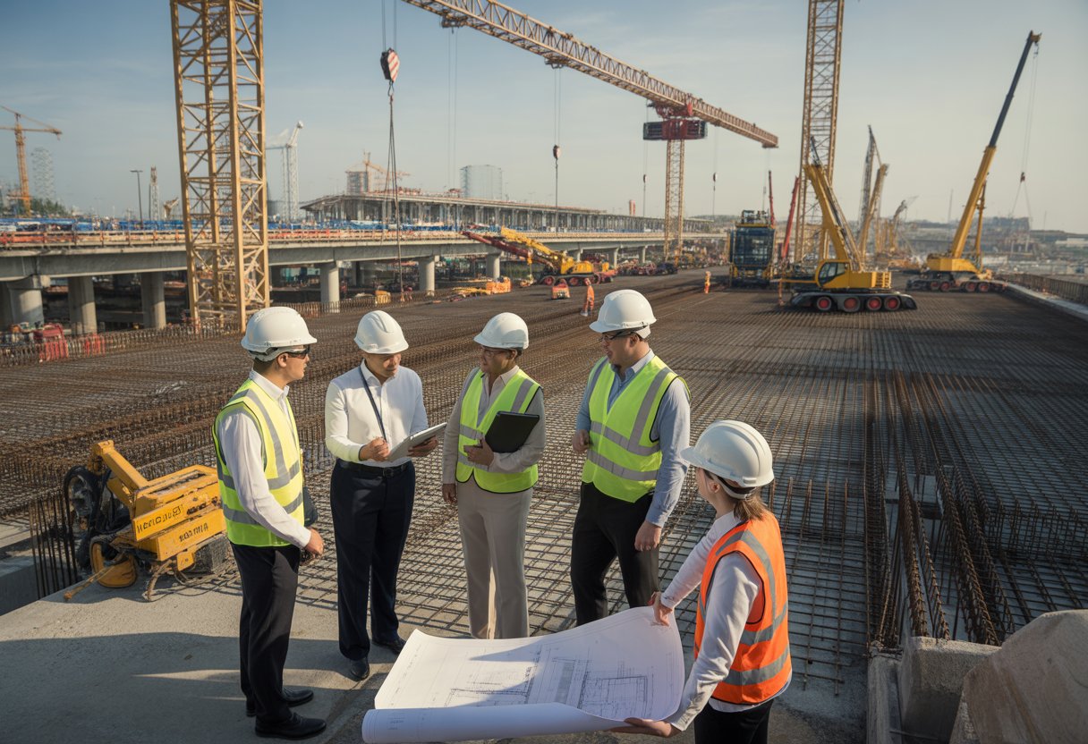 A group of leaders and engineers working together at a busy infrastructure construction site with cranes, machinery, and partially built bridges and buildings.