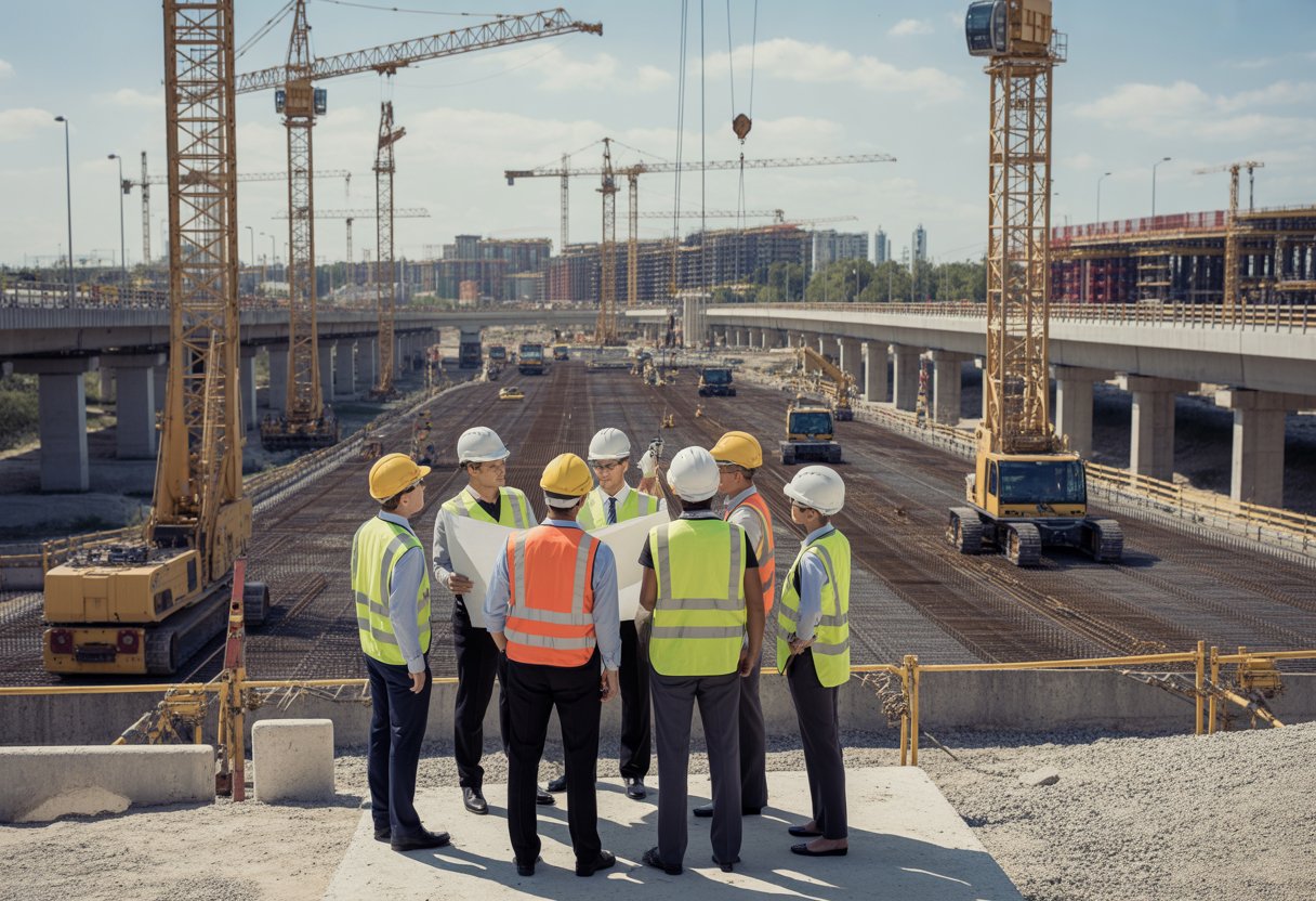A group of leaders and engineers working together at a busy infrastructure construction site with cranes, machinery, and partially built bridges and buildings.