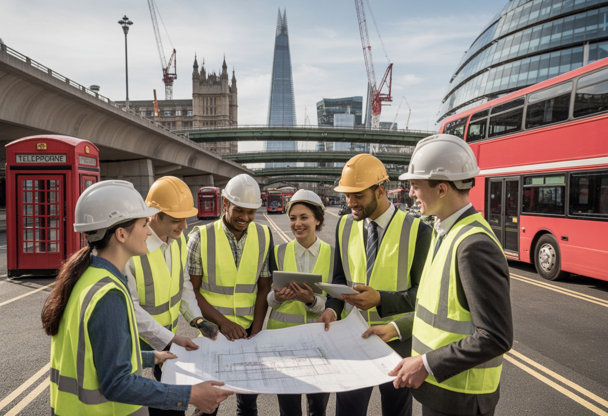 A diverse group of people wearing safety helmets and high-visibility vests collaborating at a UK construction site with London landmarks and cranes in the background.