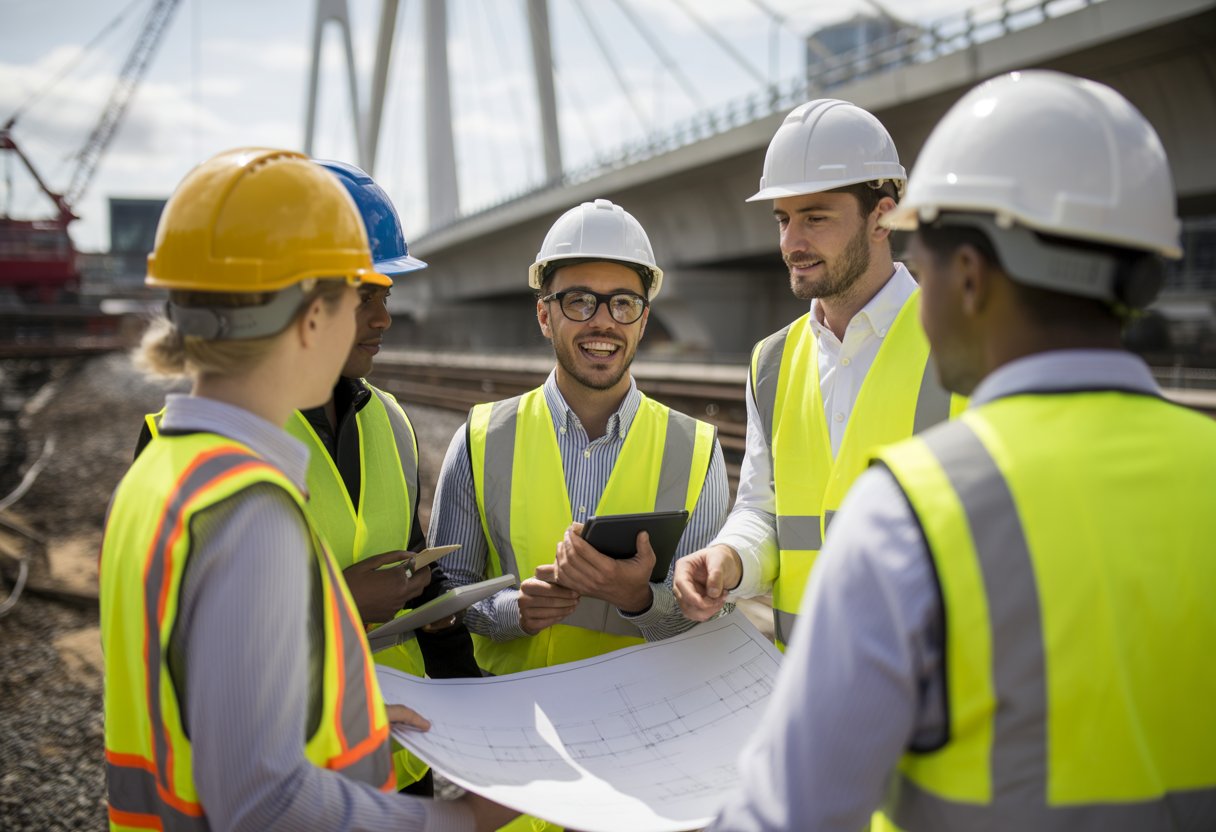 A diverse group of people wearing safety helmets and high-visibility vests discussing plans at a UK infrastructure construction site with a bridge and cranes in the background.