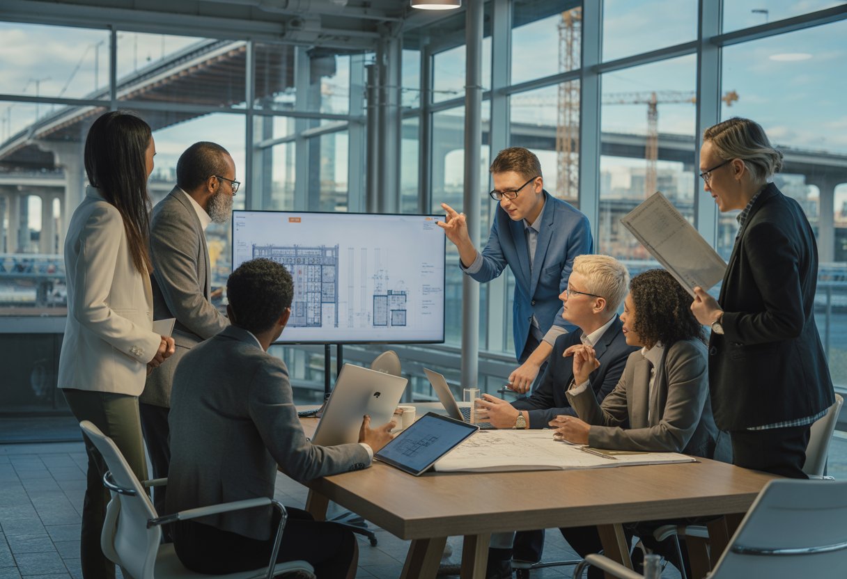 A diverse group of people collaborating around a table with architectural plans and digital devices, with urban infrastructure visible through large windows behind them.