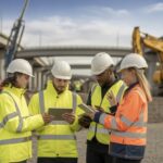 A group of construction workers wearing safety gear using technology on a UK infrastructure project site with machinery and structures in the background.