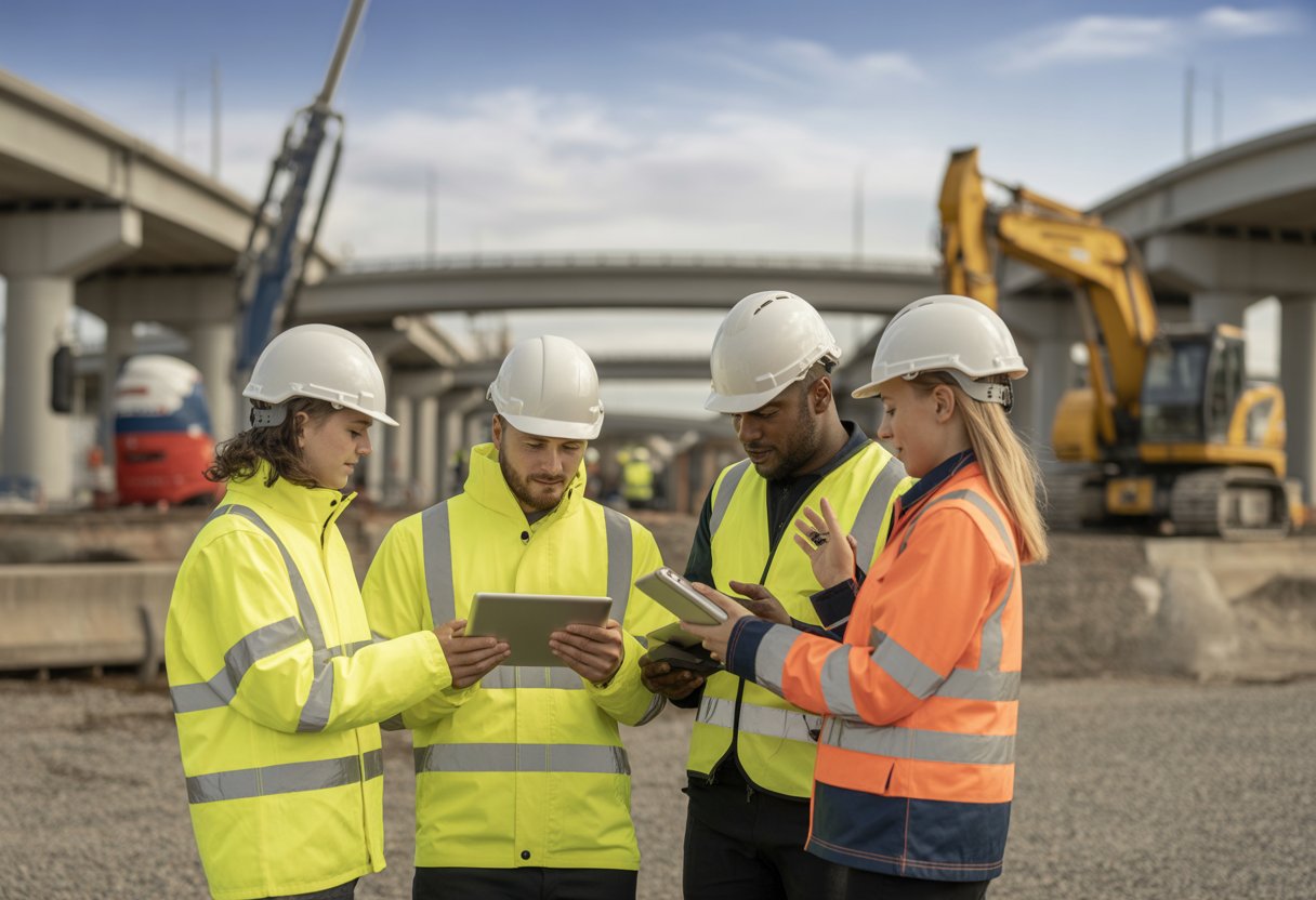A group of construction workers wearing safety gear using technology on a UK infrastructure project site with machinery and structures in the background.