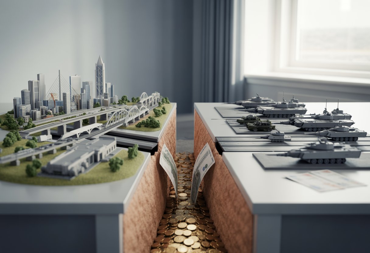 A split scene showing UK infrastructure models on one side and military equipment on the other, separated by a visible gap symbolising funding imbalance.
