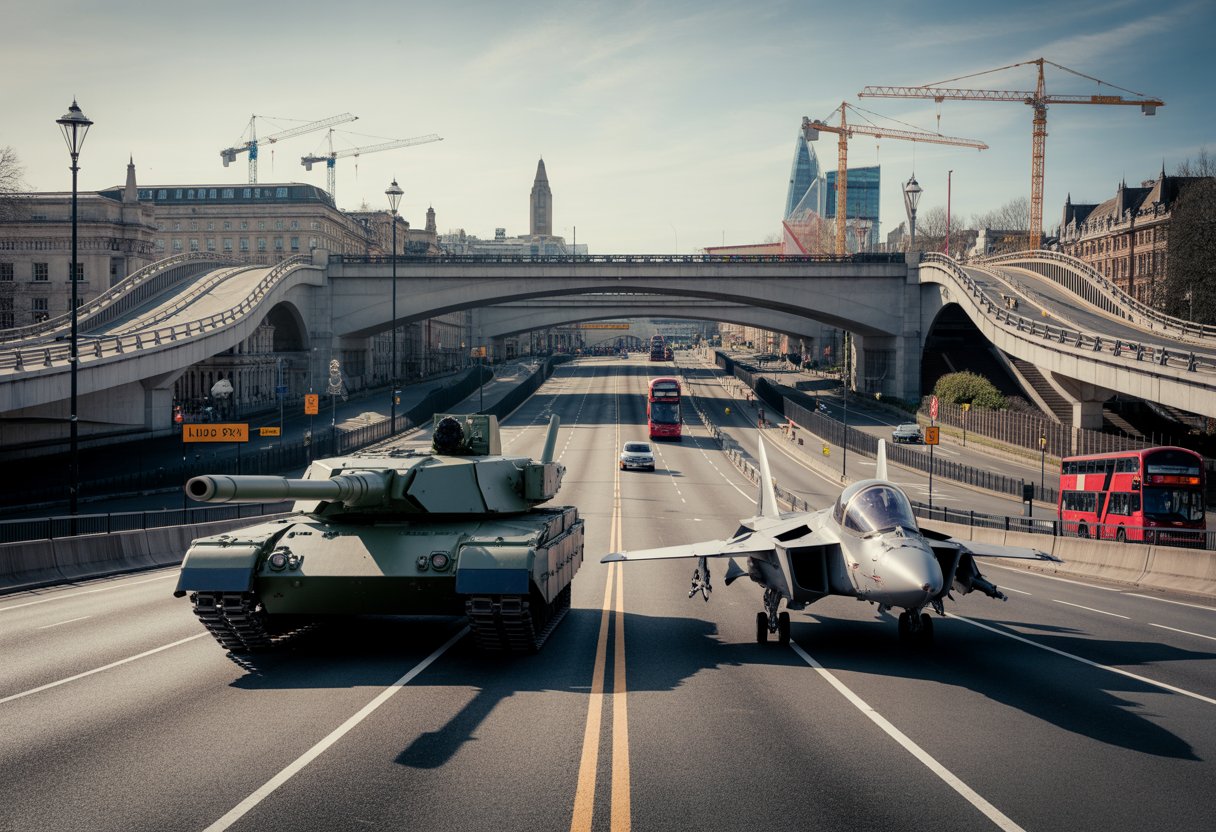 A UK cityscape showing military vehicles near bridges and construction sites, highlighting defence spending affecting infrastructure.