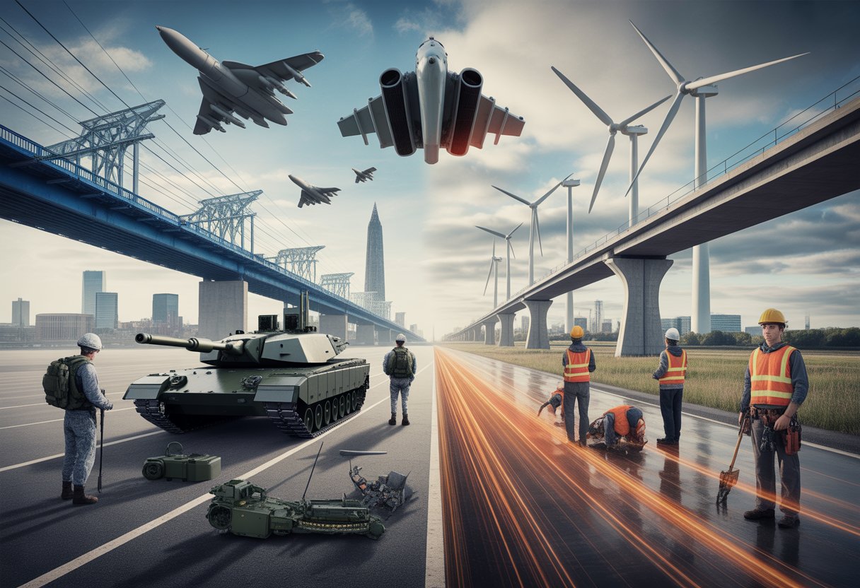 Split scene showing military equipment and soldiers on one side and infrastructure elements with workers on the other side, highlighting competing demands in the UK.