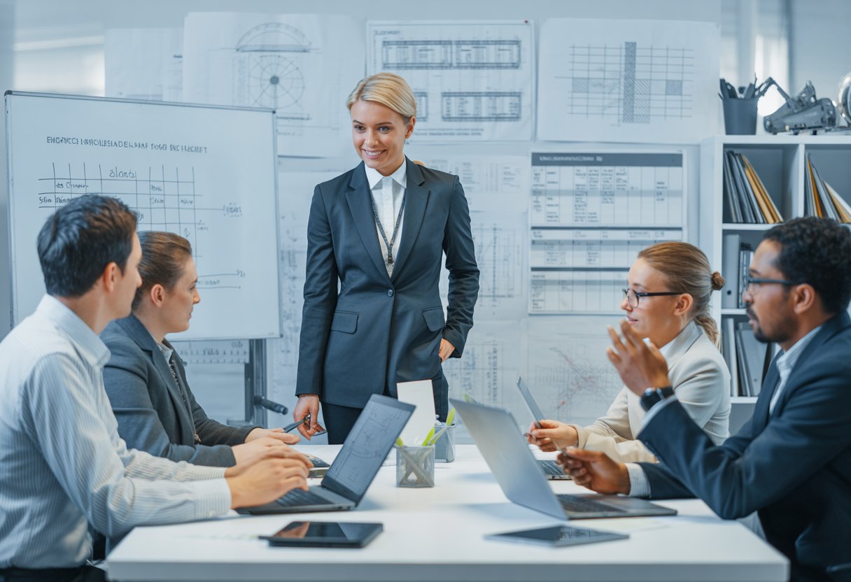 A person standing by a whiteboard presenting to a group of colleagues in an office meeting room.