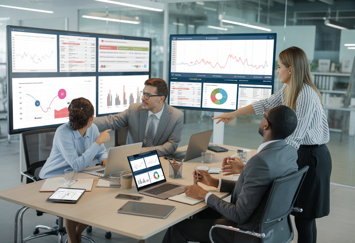 A group of business professionals in a modern office analysing charts and graphs on digital screens during a project meeting.