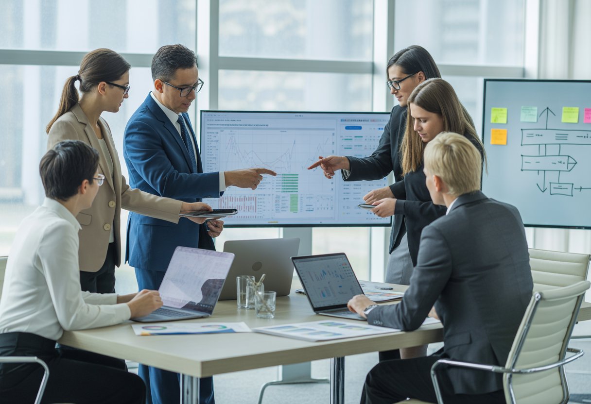 A group of professionals collaborating around a table with laptops and digital screens showing charts and graphs in a modern office.