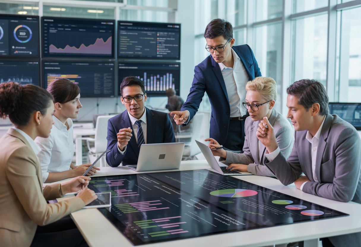 A group of professionals collaborating around a digital table displaying charts and graphs in a modern office with multiple monitors showing project data.