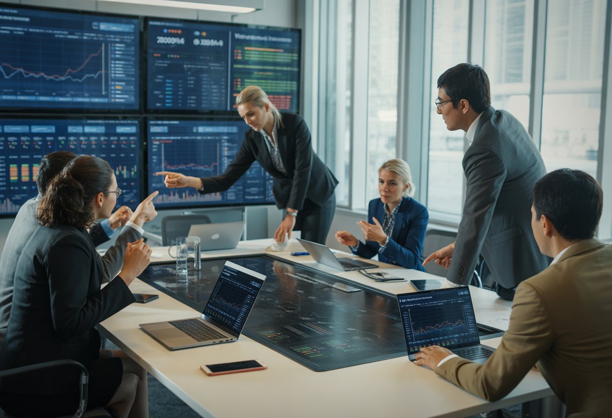 A group of professionals collaborating around a digital touchscreen table displaying charts and data in a modern office.