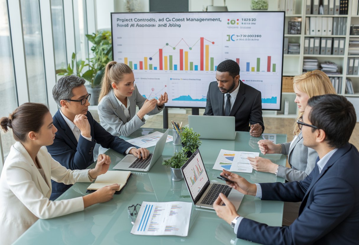 A group of business professionals in an office discussing charts and graphs about salary trends around a table with laptops and documents.