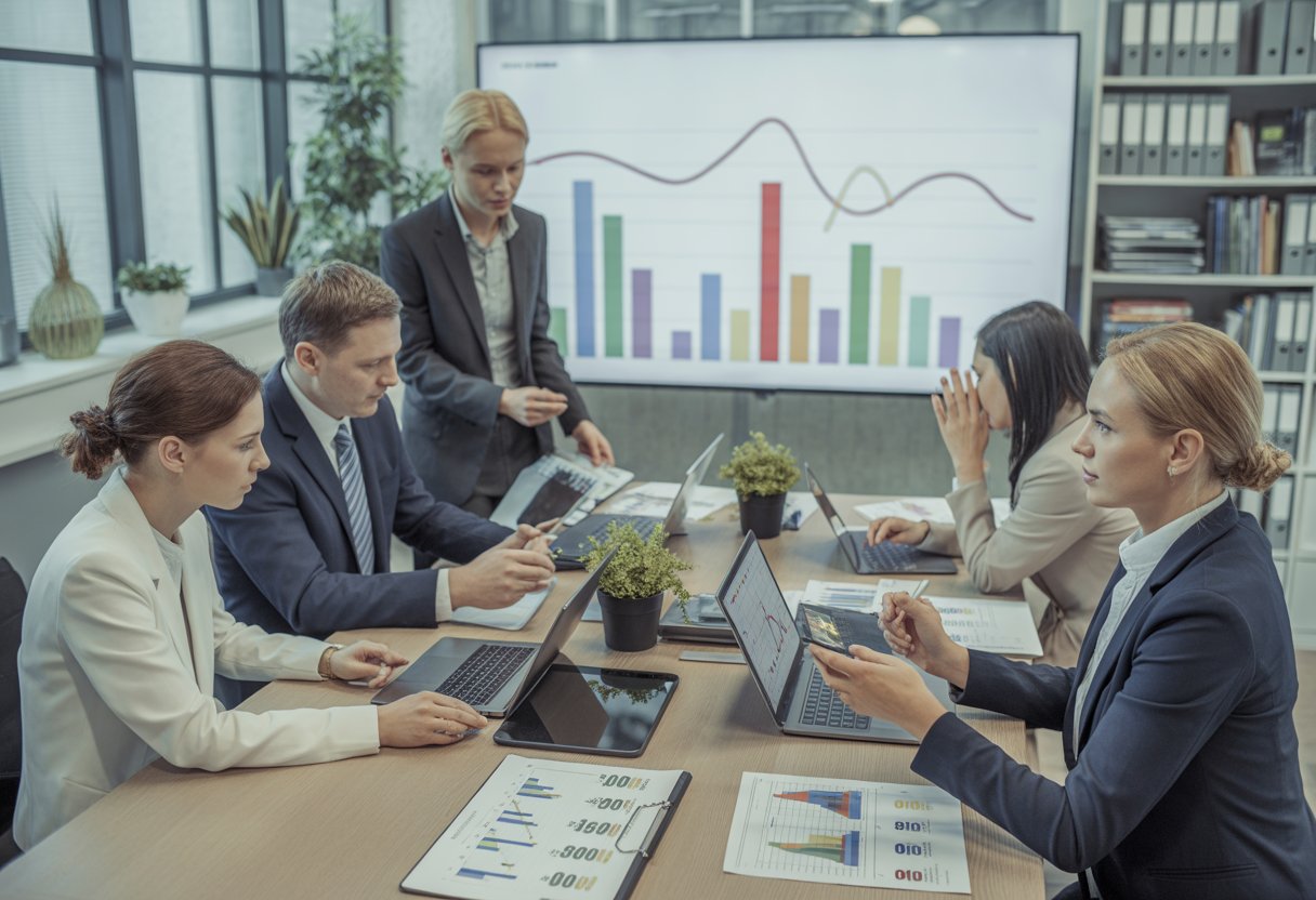 A group of business professionals collaborating around a conference table with laptops and charts showing financial data in a modern office.
