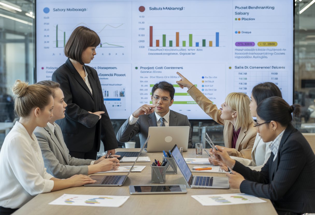A group of business professionals in a modern office discussing salary data and charts related to project controls, cost management, and planning roles.
