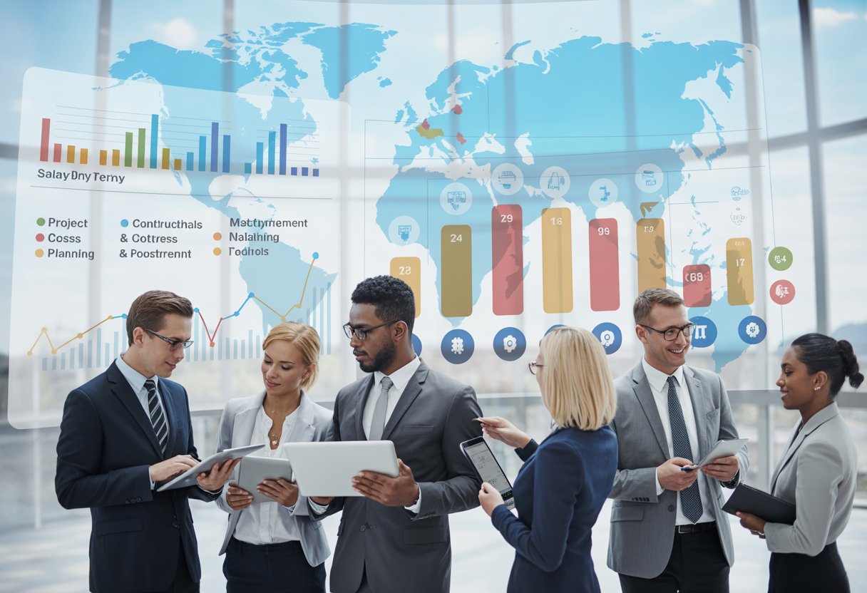 Business professionals analysing charts and maps showing salary trends across regions and industries in a modern office.