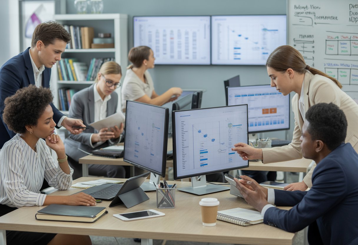 A group of young professionals working together in an office, looking at computer screens and discussing project plans.
