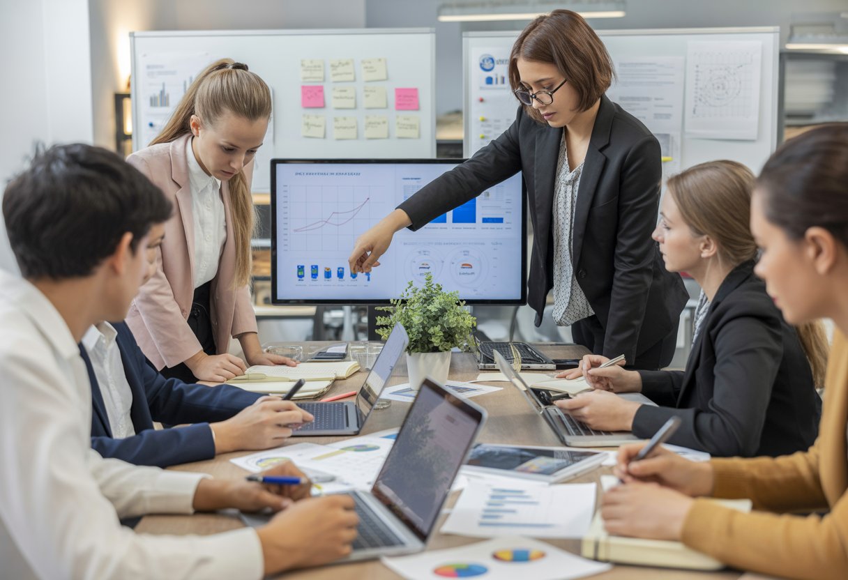 A group of young professionals working together around a table with laptops and charts in a bright office, discussing project plans.