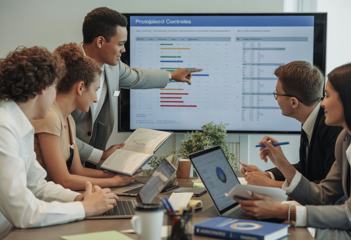 A group of young professionals collaborating around a table with laptops and a large screen displaying a project timeline in a modern office setting.