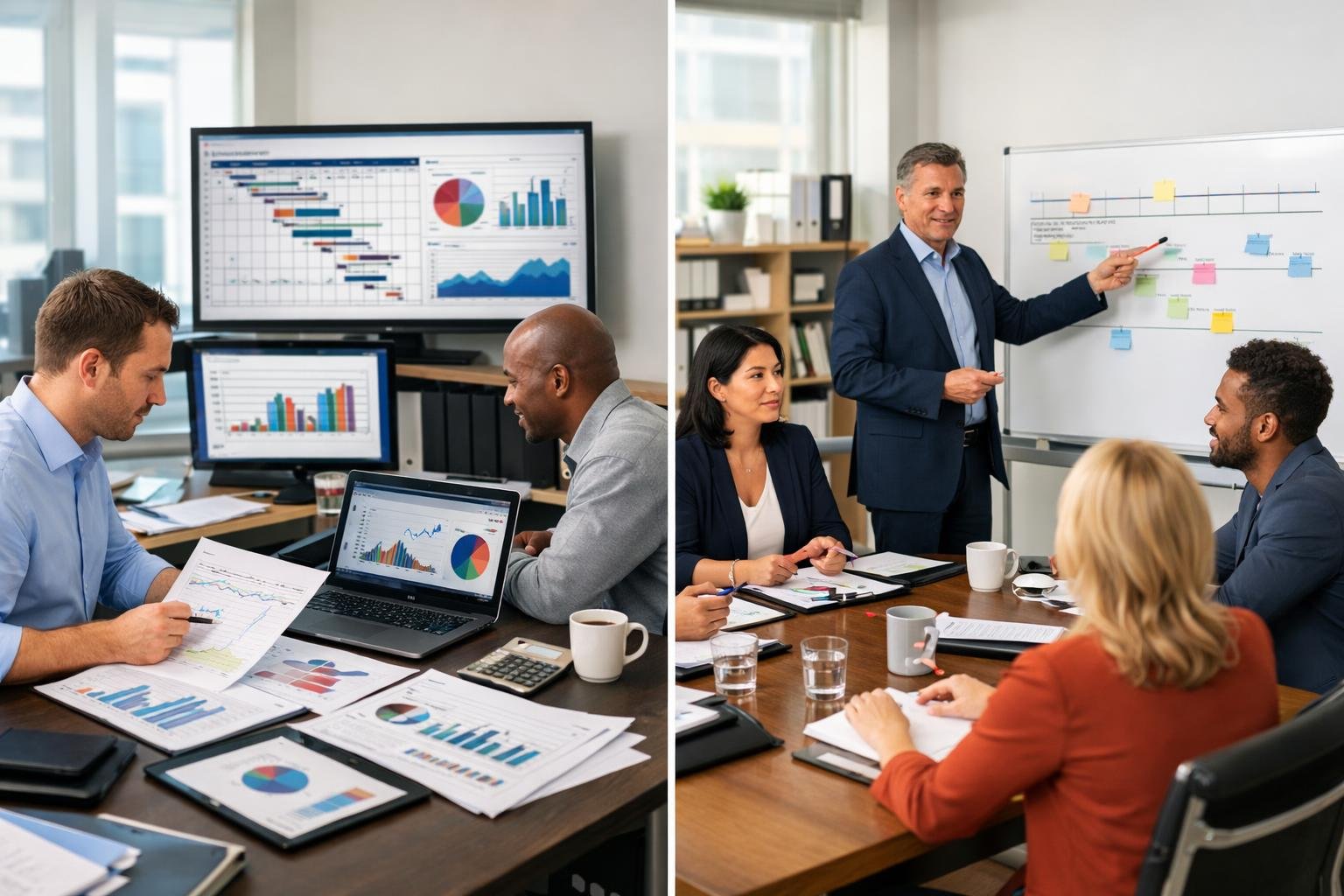 Two groups of professionals working in an office, one focused on data and charts, the other discussing strategy around a table.